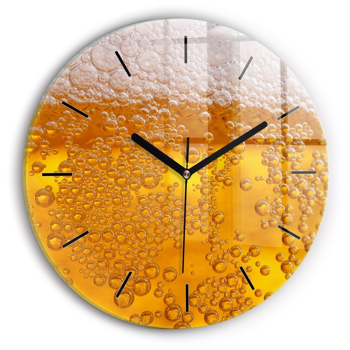 Falióra, Wallfluent, üveg, Fekete mutatók, Számok nélkül, Habos sör, Sárga, Kerek Ø30 cm, 010010500040200259811