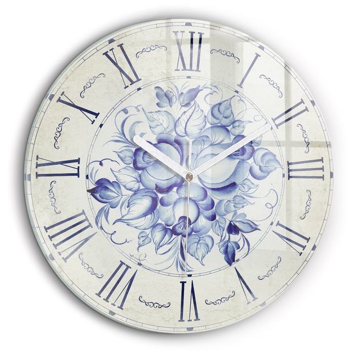 Falióra, Wallfluent, üveg, Fehér mutatók, Kék virágok, Szürke, Kerek Ø60 cm, 010010500050100273781