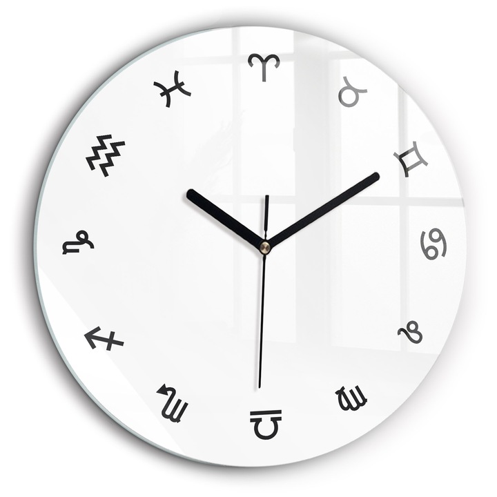 Falióra, Wallfluent, üveg, Fekete mutatók, Minimalista zodiákusok, Fehér, Kerek Ø60 cm, 010010500050200273805