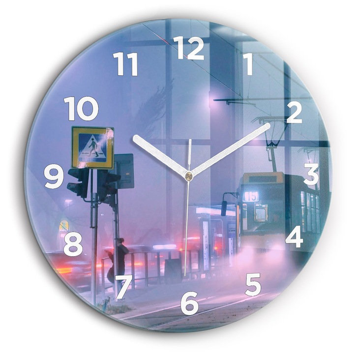 Falióra, Wallfluent, üveg, Fehér mutatók, Arab, Varsó a ködben, Lila, Kerek Ø60 cm, 010010500050100273339