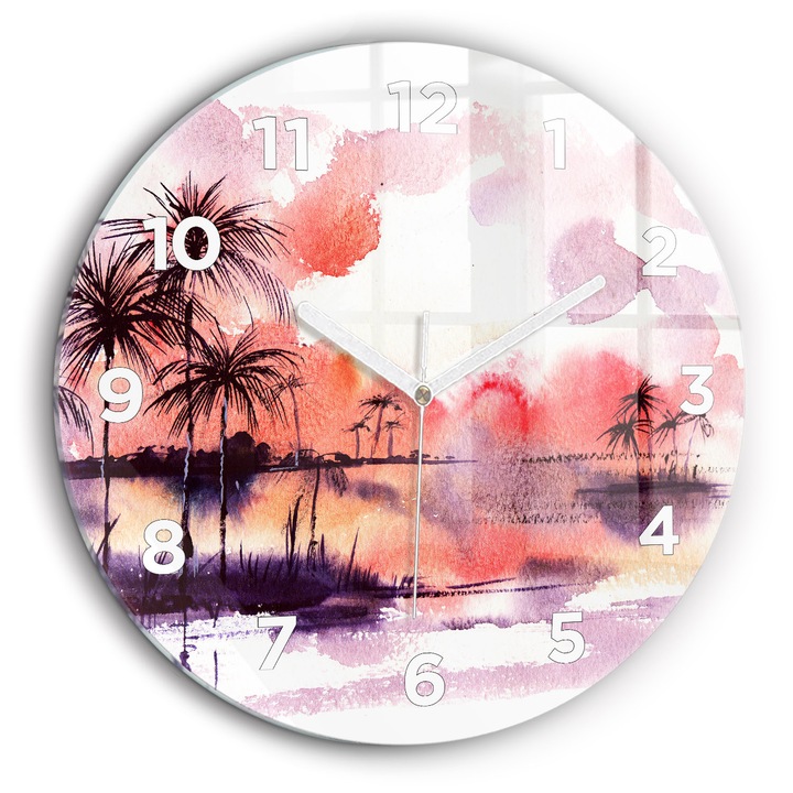 Falióra, Wallfluent, üveg, Fehér mutatók, Arab, Trópusi táj, Rózsaszín, Kerek Ø60 cm, 010010500050100273151