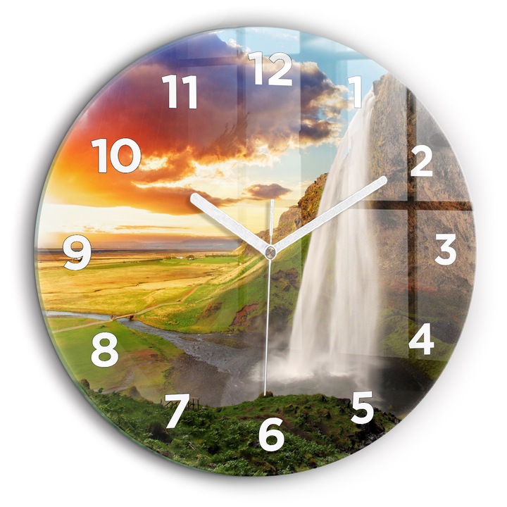 Falióra, Wallfluent, üveg, Fehér mutatók, Arab, Vízesés Izlandon, Narancs, Kerek Ø60 cm, 010010500050100273323