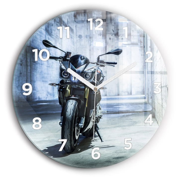 Ceas de perete, Wallfluent, de sticla, Mainile albe, Arabe, Motocicleta pe alee, Albastru, Rotund Ø60 cm, 010010500050100273254