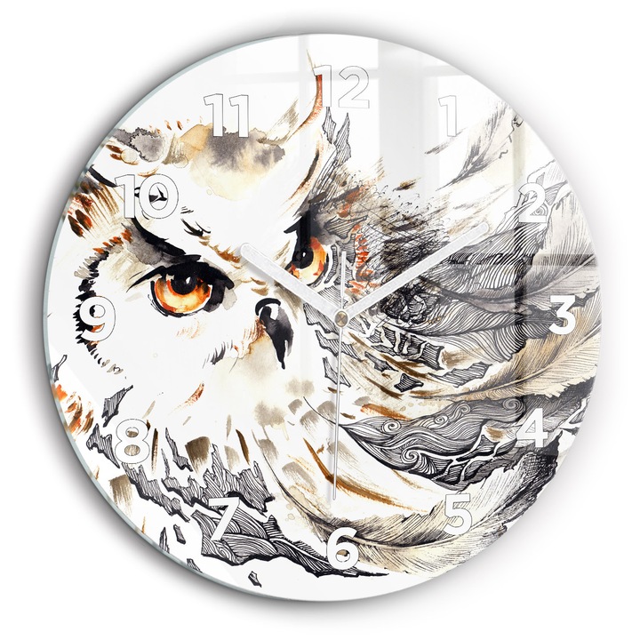 Falióra, Wallfluent, üveg, Fehér mutatók, Arab, Bagoly a bölcsesség szimbóluma, Barna, Kerek Ø60 cm, 010010500050100273362