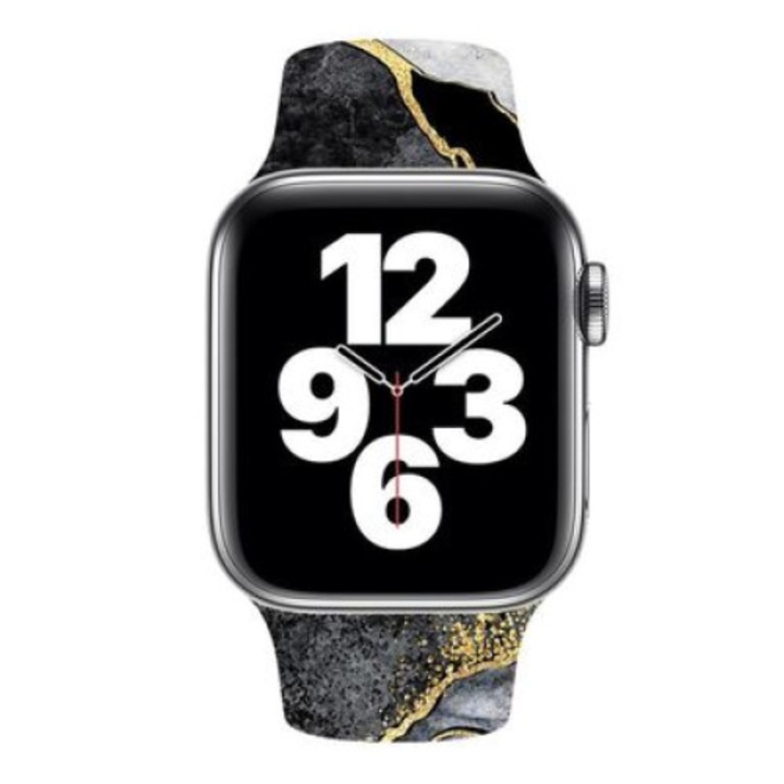 Curea de silicon pentru Apple Watch PREMIUM Marble Design, 42 44 45 49 mm, Black gold
