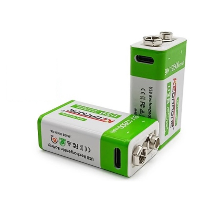 2 db akkumulátor készlet 9V, C típusú, 12800 mAh, Li-ion, USB töltés