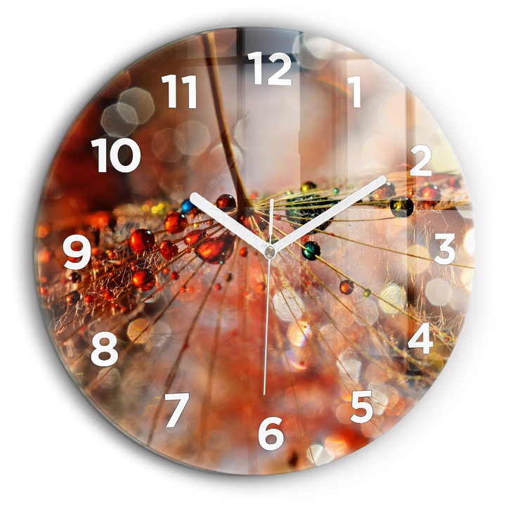 Falióra, Wallfluent, üveg, Fehér mutatók, Arab, Pitypang rózsával, Piros, Kerek Ø60 cm, 010010500050100272059