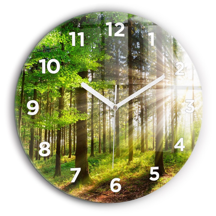 Falióra, Wallfluent, üveg, fehér mutatók, arab, keleti erdő, zöld, kerek Ø60 cm, 010010500050100272610