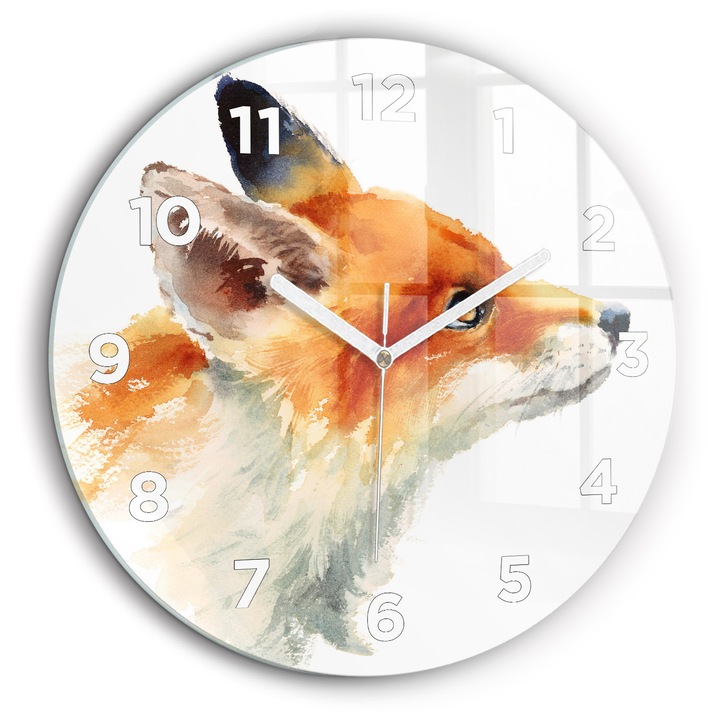 Falióra, Wallfluent, üveg, Fehér kezek, Arab, Akvarell fiatal róka, Narancs, Kerek Ø60 cm, 010010500050100272816