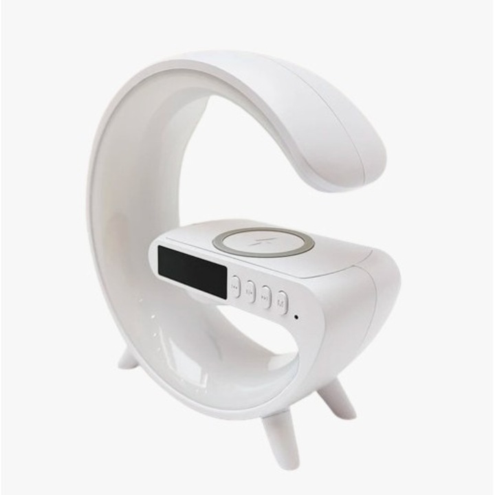 Мини смарт RGB лампа, LED, 15 W безжично зарядно устройство, Амбиентно осветление, Симулация на изгрев, 3 W високоговорител за слушане на музика, Вграден микрофон, Bluetooth връзка, Бял