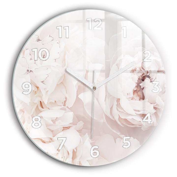 Falióra, Wallfluent, üveg, Fehér mutatók, Arab, Bazsarózsa virágok, Rózsaszín, Kerek Ø60 cm, 010010500050100272898