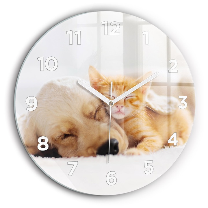 Falióra, Wallfluent, üveg, Fehér kezek, Arab, Álmos macska és kutya, Sárga, Kerek Ø60 cm, 010010500050100272703