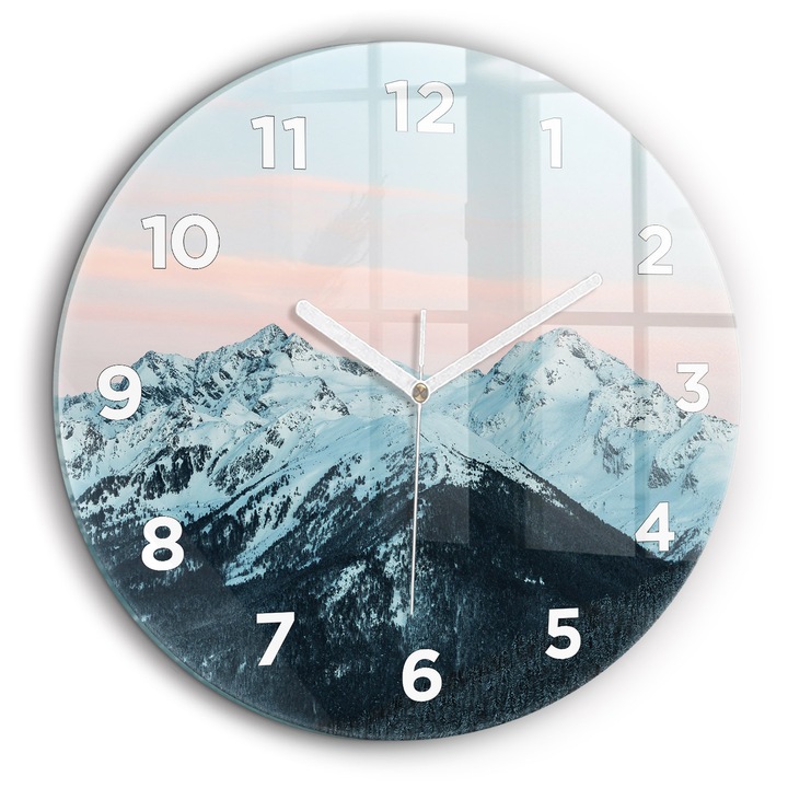 Falióra, Wallfluent, üveg, Fehér mutatók, Arab, Hegylánc télen, Kék, Kerek Ø60 cm, 010010500050100273654
