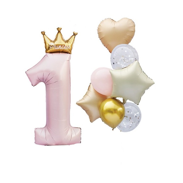 Set 8 baloane folie si latex prima aniversare fata 45 cm