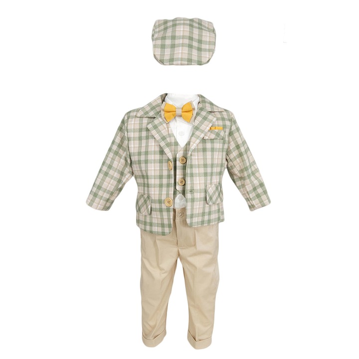 Costum botez, model Baby Boss, carouri verzi-crem, varsta 6-9 luni