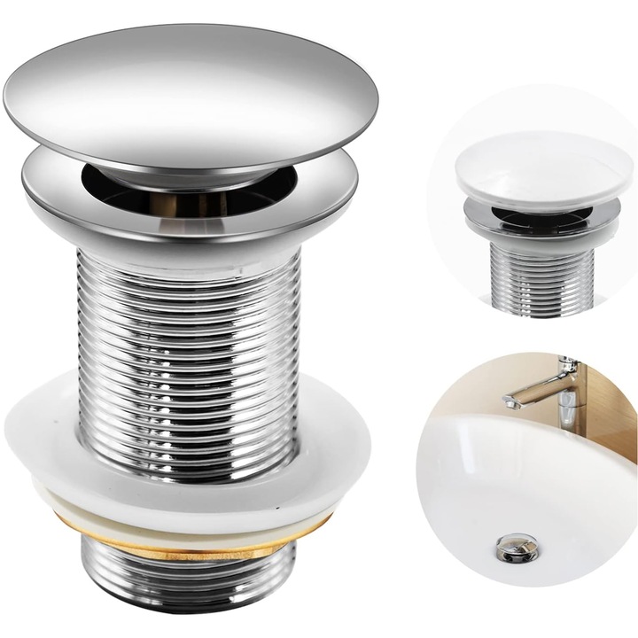 Ventil lavoar fara preaplin, NUODWELL, 1 1/4", Rezistent la coroziune si rugina, Convenabil pentru instalare si curatare, Pentru lavoar, chiuveta si mixer pentru bideu, Alama/Otel inoxidabil, Argintiu