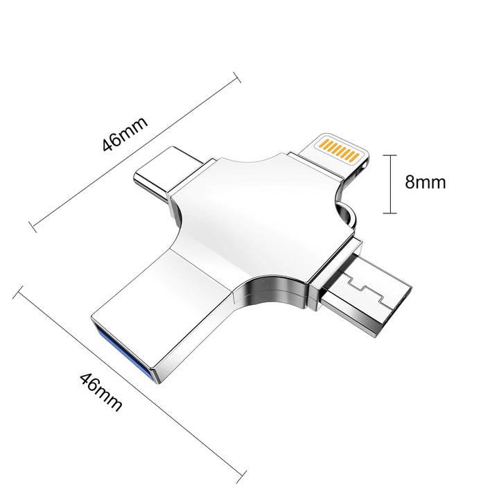Adaptor multiport 4 in 1, Axroad Mall, USB 3.0/Lightning/Type-C/TF/Micro-USB, Extinde spatiul de stocare, Transmite datele foarte rapid, Nu driver, Compatibil cu Apple, Samsung, Huawei, Portabil, Metal, 46x46x8mm, Argintiu