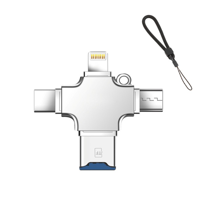 Многопортов адаптер 4 в 1, Axroad Mall, USB 3.0/Lightning/Type-C/TF/Micro-USB, разширява пространството за съхранение, предава данни много бързо, без драйвер, съвместим с Apple, Samsung, Huawei, преносим, метален, 46x46x8 mm, Сребро