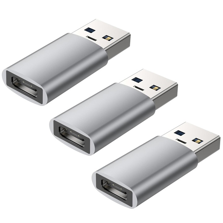 Комплект от 3 OTG адаптера, Axroad Mall, Type-C към USB 3.0, Зареждат или предават данни много бързо, Без драйвер, Синхронизират данни, музика, видео, Преносим, За клавиатура, мишка, Метал, 33 x 14.6 x 7.4 мм, Сив