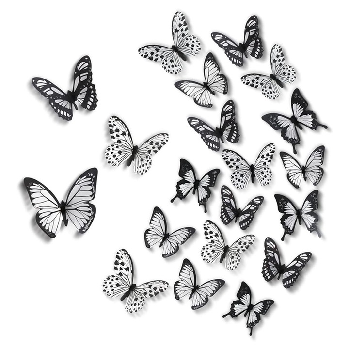 Комплект от 48 3D стикера за стена с пеперуди, PVC, бяло/черно