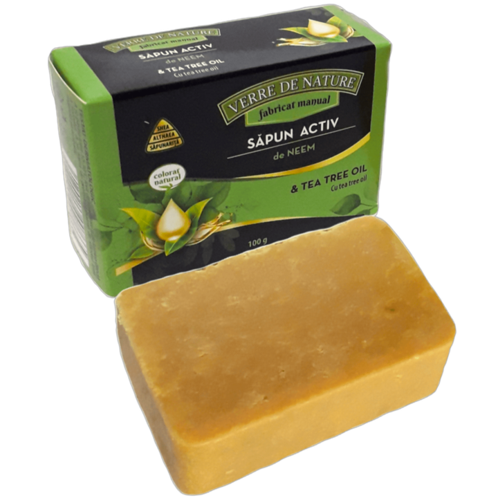 Сапун Artisanal Active Soap "Neem" за мазна/акнеична/раздразнена кожа с масло от чаено дърво, масло от шеа, кокосово масло и сапунена вода, 100g, Verre de Nature