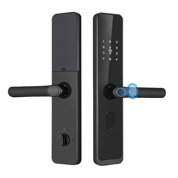 Smart lock, YANX, ключалка включена, достъп чрез Tuya приложение, карта, пръстов отпечатък, парола, ключ, аларма, телефонно приложение за Android и IOS, за офис, спалня, хотел, черен