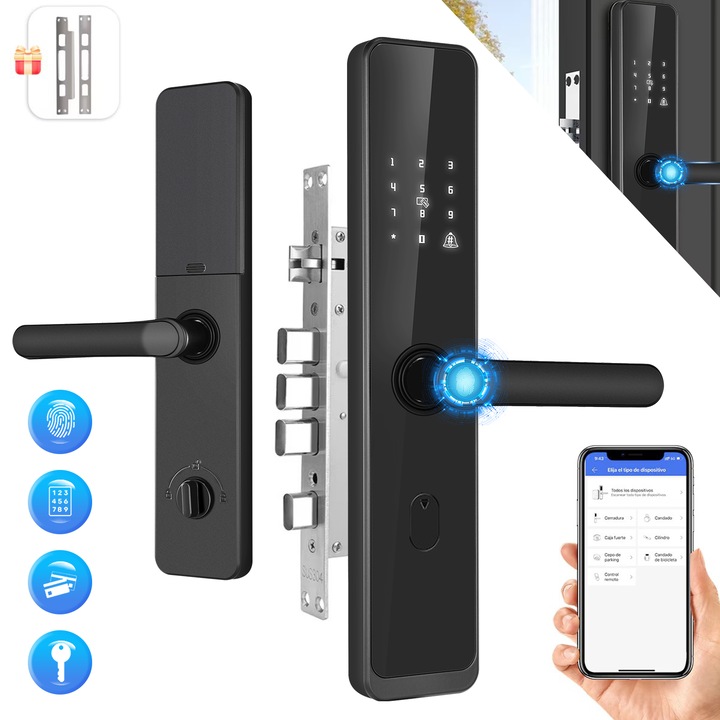 Incuietoare inteligenta, YANX, Wifi, broasca inclusa, acces prin Aplicatie Tuya, Card, Amprenta, Parola, Cheie, alarma efractie, aplicatie telefon Android si IOS, pentru birou, dormitor, Negru