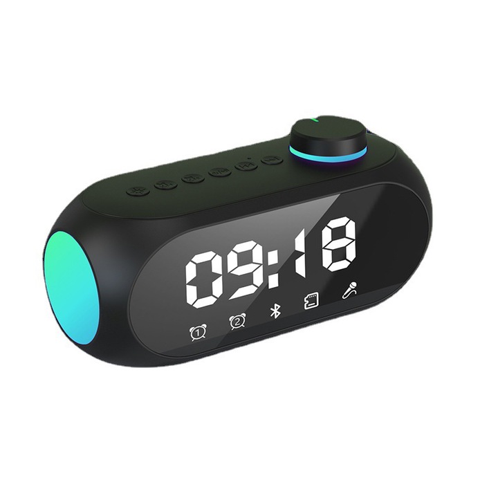 Ébresztőóra, BOMSTOM, ABS, Bluetooth 5.0, USB, sztereó hangszóró, FM rádió, fekete
