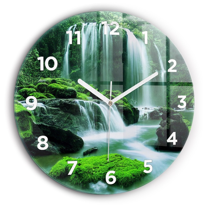 Falióra, Wallfluent, üveg, Fehér mutatók, Arab, Vízesés mohák között, Zöld, Kerek Ø60 cm, 010010500050100273195