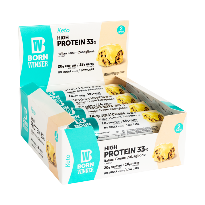 Кутия с 12 протеинови блокчета Born Winner KETO, италиански крем Zabaglione, 12 x 60 g