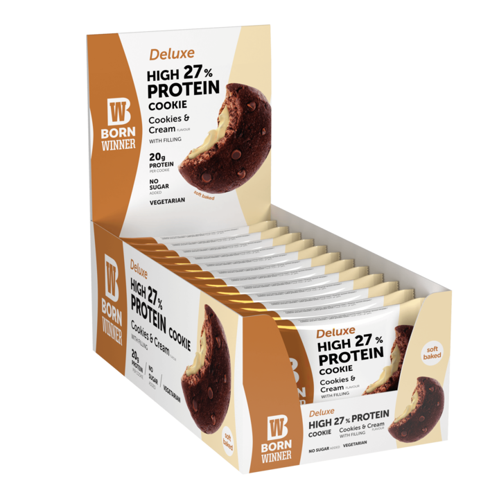 Cutie 12 biscuiti proteici Born Winner DELUXE, Biscuiti si Crema, 12 x 75g