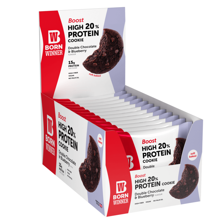 Cutie 12 biscuiti proteici Born Winner BOOST, Ciocolata dubla si afine, 12 x 75g