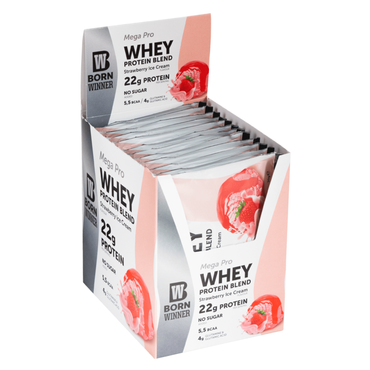 Cutie 12 bucati amestec de proteine din zer Born Winner MEGA PRO, Inghetata de capsuni, 12 x 30g