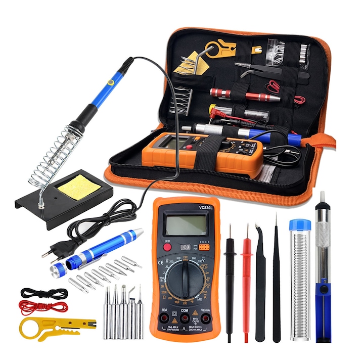 Kit pistol de lipit, Zggzerg, cu multimetru digital, suport, 5 bucati varfuri de lipit, Cu geanta organizatoare pentru depozitare usoara, 60 W, Temperatura reglabila, Pentru metal, bijuterii, electricitate, bricolaj, Multicolor