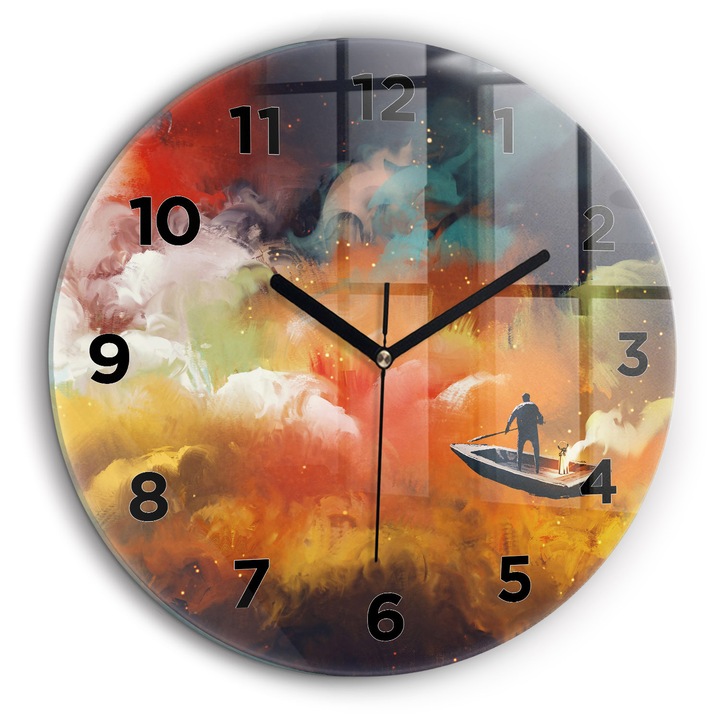 Ceas de perete, Wallfluent, de sticla, Mainile nagru, Arabe, Imagine abstracta, Portocaliu, Rotund Ø60 cm, 010010500050200268652