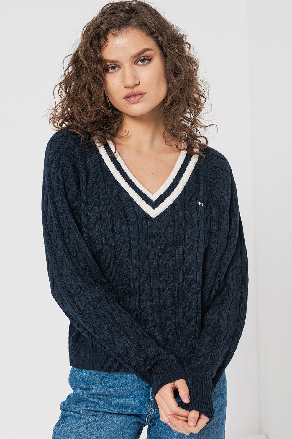 Tommy Jeans, Pulover cu torsade si decolteu in V, Bleumarin, M