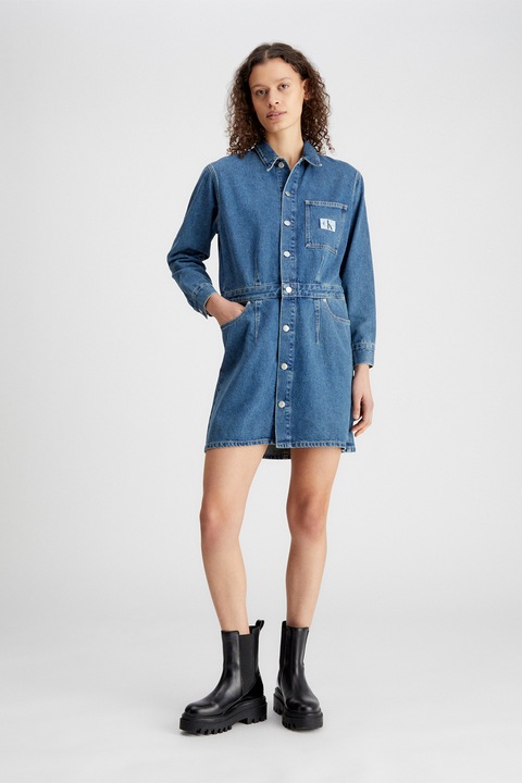 CALVIN KLEIN JEANS, Rochie de denim cu buzunar pe piept, Albastru inchis, M