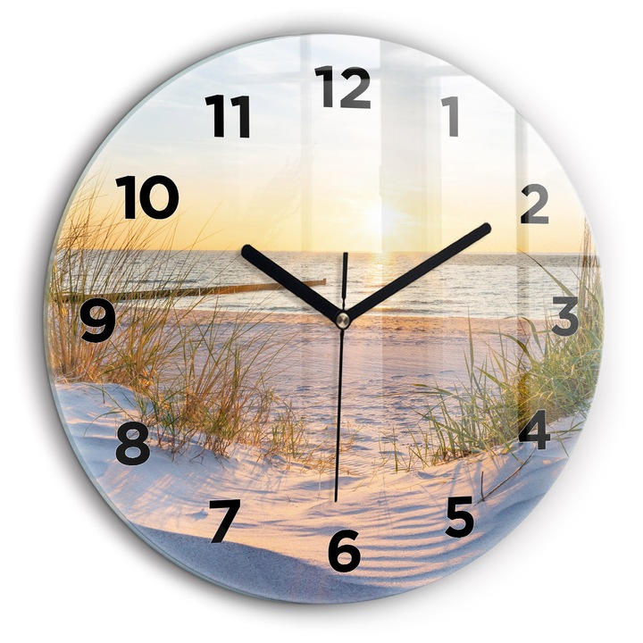 Falióra, Wallfluent, üveg, Fekete mutatók, Arab, Naplemente a tengerről, Zöld, Kerek Ø60 cm, 010010500050200268928
