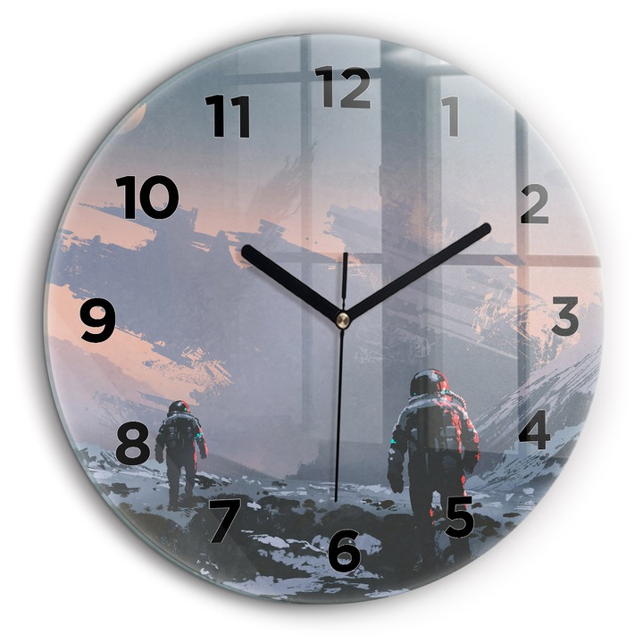 Ceas de perete, Wallfluent, de sticla, Mainile nagru, Arabe, Astronauti abstractia, Gri, Rotund Ø60 cm, 010010500050200268806