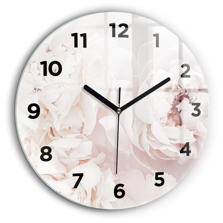 Ceas de perete, Wallfluent, de sticla, Mainile nagru, Arabe, Flori de bujor, Roz, Rotund Ø60 cm, 010010500050200269428