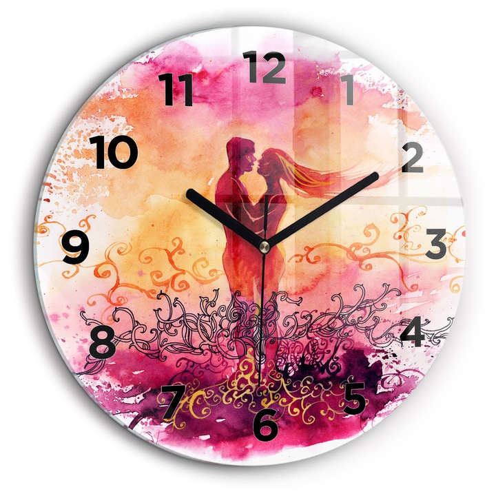 Falióra, Wallfluent, üveg, Fekete kezek, Arab, Akvarellek szerelmes párban, Narancs, Kerek Ø60 cm, 010010500050200269705