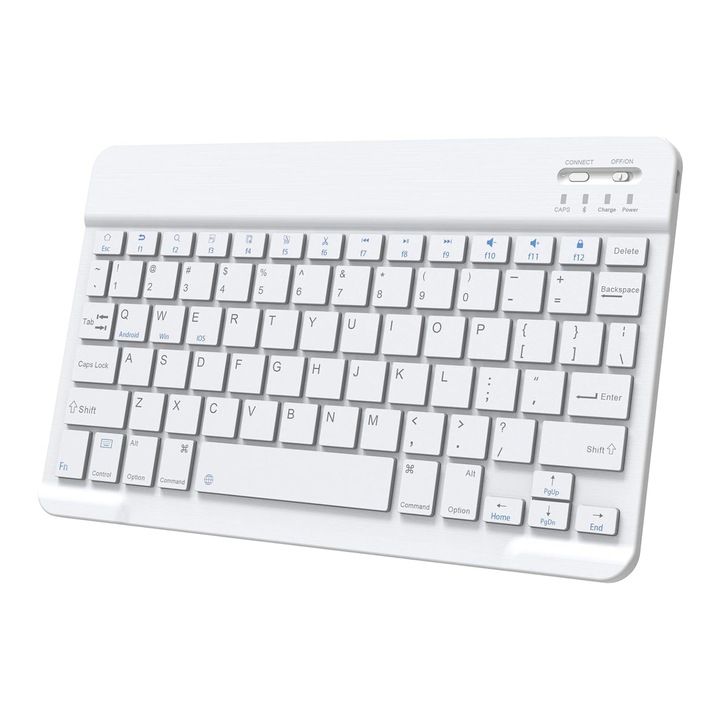 Bluetooth безжична клавиатура, NUODWELL, 78 клавиша, Съвместима с Android, Windows, iOS, Преносима и компактна, USB акумулаторна, Ергономичен дизайн, 25 x 15 x 0,6 см, Бяла