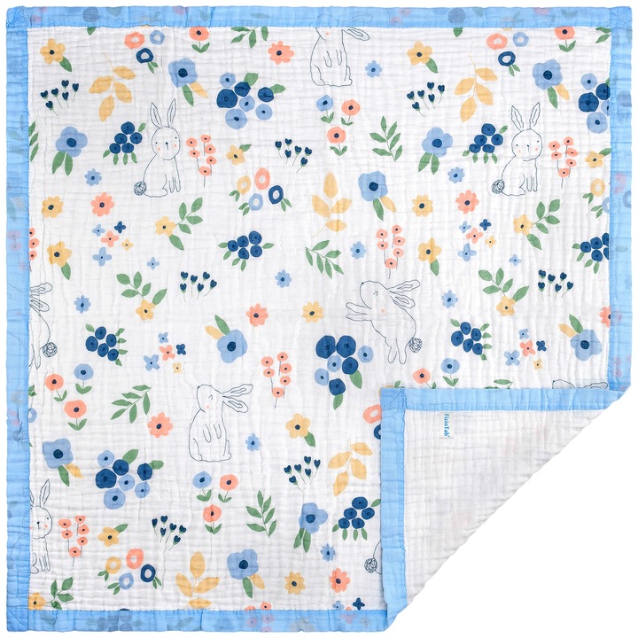 FizioTab® babatakaró, 6 rétegű muszlin, 110x110 cm, pamut, 0-5 éves korig, virágmintás nyulakkal
