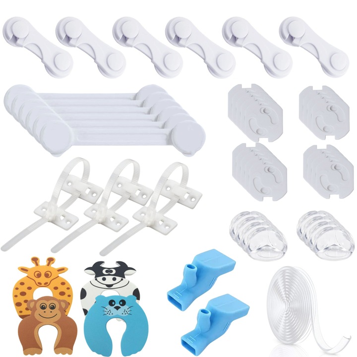 Обезопасители за деца Ralexco™, 50 части, Защитна лента, Обезопасител за врата, 12 х обезопасител за чекмеджета, 8 x обезопасител за ъгли, 20 x обезопасител за контакт, 4 x ограничител за врати, 3 x аксесоар против преобръщане и 2 x протектор за мивка