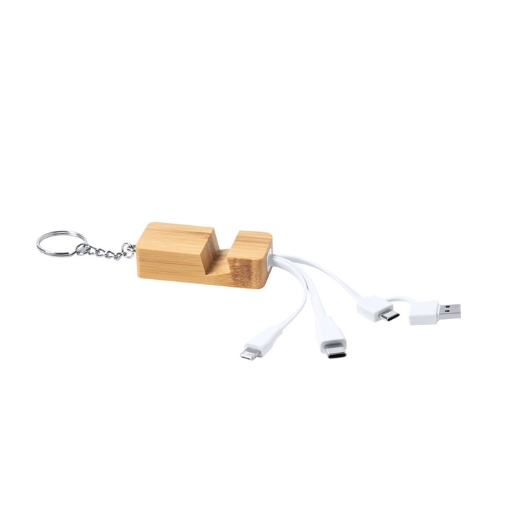 Бамбуков ключодържател Blent, кабел за зареждане, микро USB, USB-C и Lightning конектори, 27×155×15мм, Неутрален