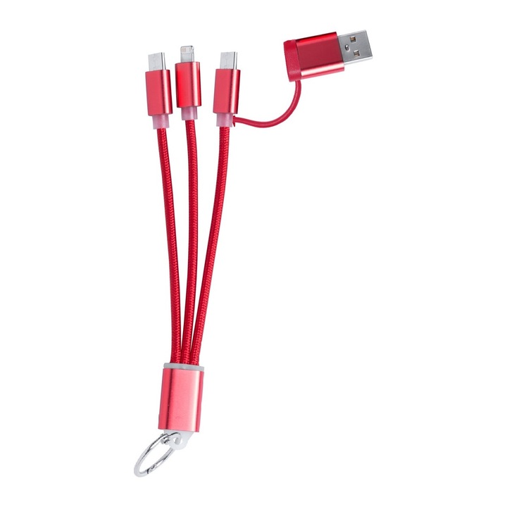 Ключодържател Blent, кабел за зярядно, микро USB, USB-C и Lightning конектори, USB и USB-C входове, Червен