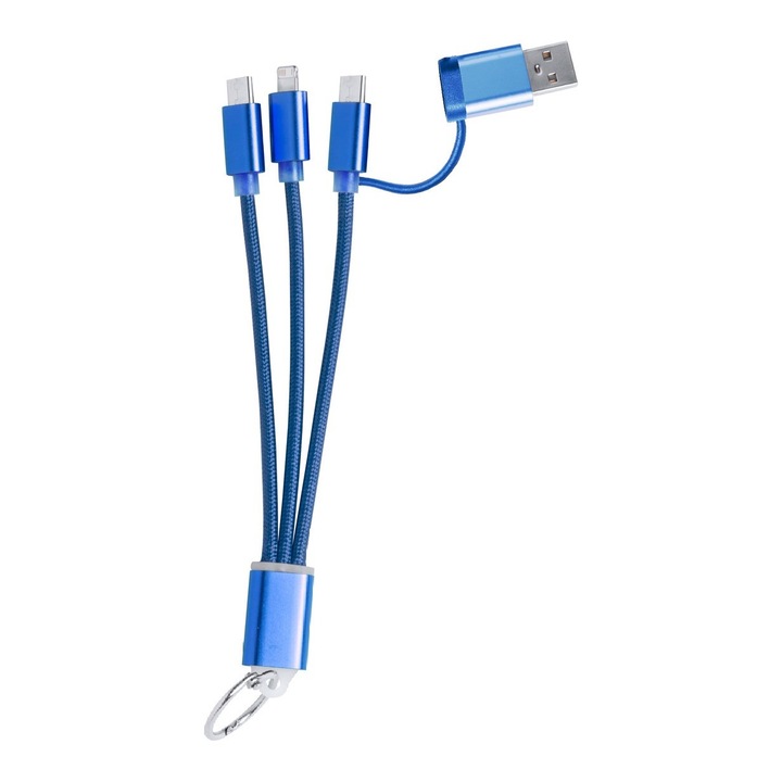 Ключодържател Blent, кабел за зярядно, микро USB, USB-C и Lightning конектори, USB и USB-C входове, Син
