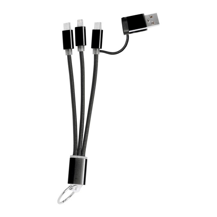 Ключодържател Blent, кабел за зярядно, микро USB, USB-C и Lightning конектори, USB и USB-C входове, Черен