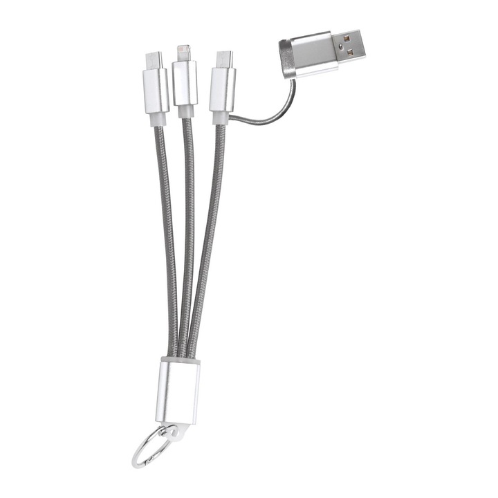 Ключодържател Blent, кабел за зярядно, микро USB, USB-C и Lightning конектори, USB и USB-C входове, Сив