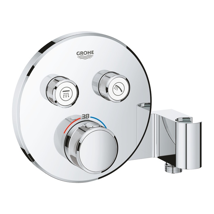 Смесител Grohe Grohtherm SmartControl, Стенен, Термостатен, 2 извода, С поставка за ръчен душ, За вана/душ, За вграждане, Без вътрешно тяло, Хром